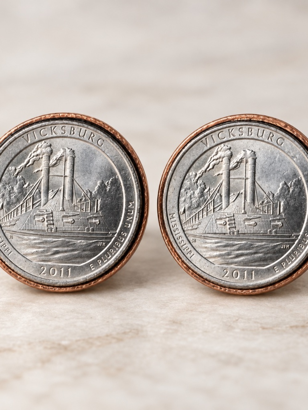 *Handmade 2011 Vicksburg Quarter Coin Cufflinks – Copper Border**